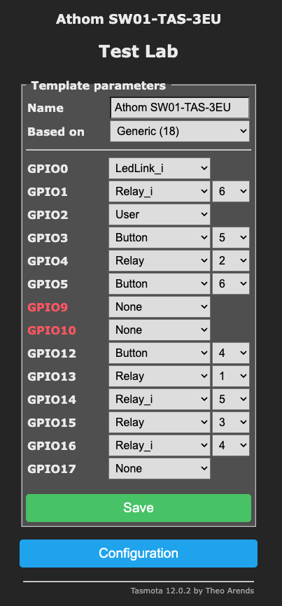 Tasmota template with disconnected relays