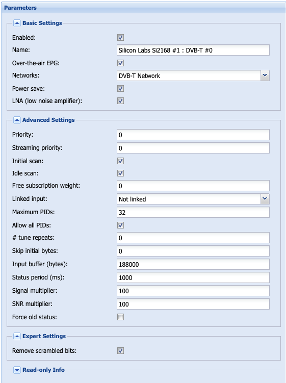 dvb-t adapter settings on tvheadend