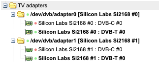 dvb-t adapters registered on tvheadend